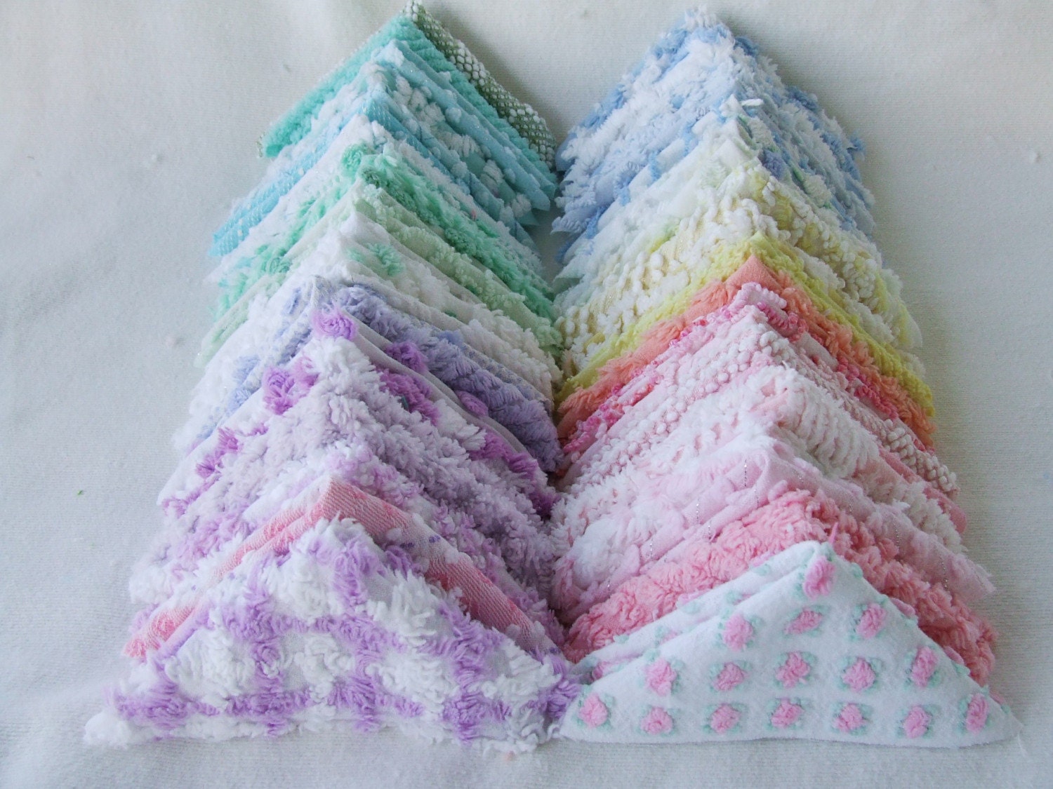 50-6 Inch Vintage Chenille Bedspread Fabric Rag Quilt Charm Squares In Pastel Colors