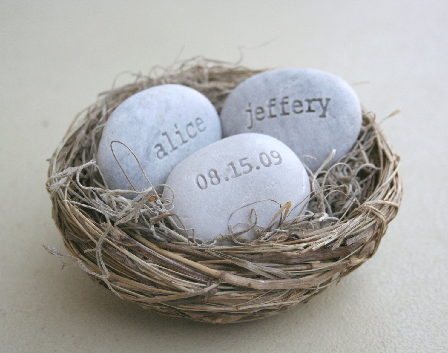 Personalized wedding gift - engraved stones with names and date in love nest