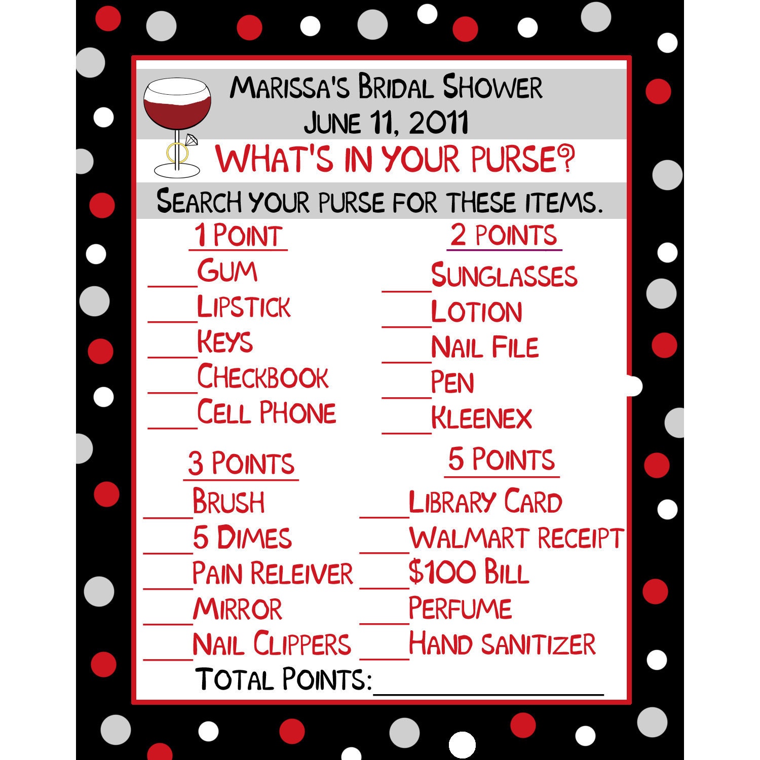 24 Bridal Shower Game Cards -  Whats In Your Purse Game - Wine and Ring