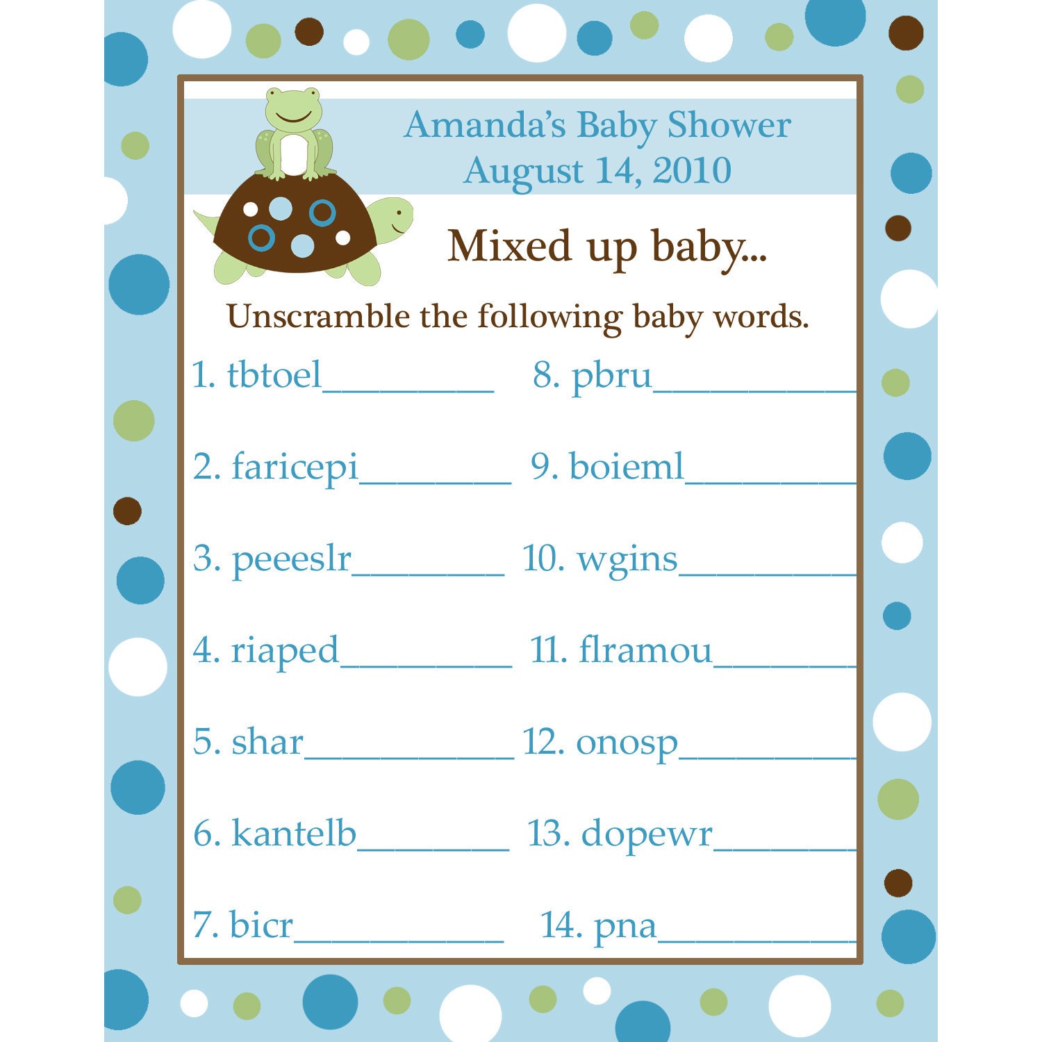 24 Personalized Word Scramble Baby Shower Game Cards  - Turtle and Frog - BLUES