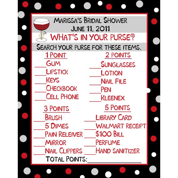 24 Bridal Shower Game Cards - Whats In Your Purse Game - Wine and Ring