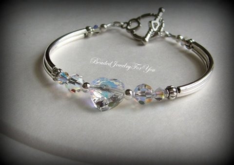 Aurora Borealis Swarovski Cyrstal AB Heart Bangle Bracelet