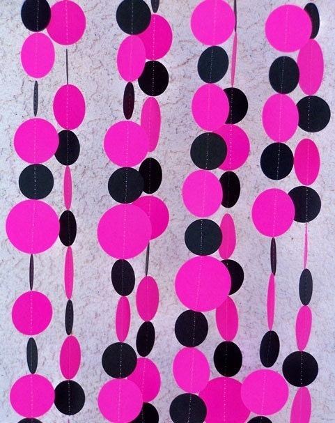 Wedding Birthday Shower Decoration - Polka Dots Garland Girl Party - 10 feet Strand - Hot Pink Black