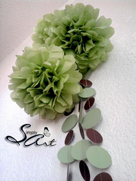 Party Combo - FIVE poms and One Polka Dots Garland Custom Colors Green Ecofriendly Decorations - Birthdays Weddings Bridal Baby Showers