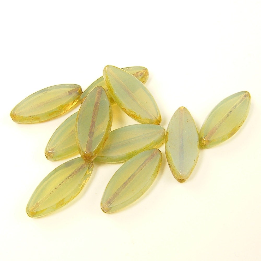 Green Beads - Celadon Green Navette Czech Glass Spindle Beads