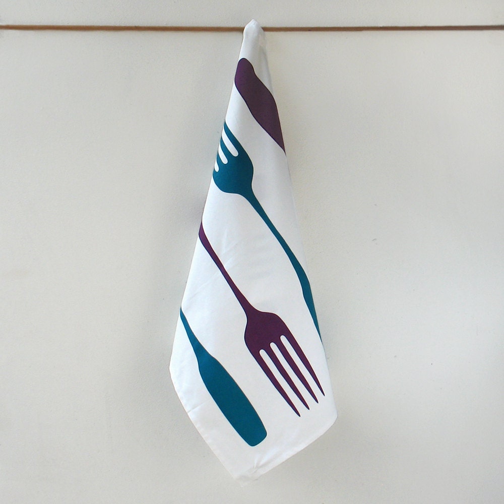 Foodie Tea Towel - Purple and Teal Forks - eco kitchen, home decor, hostess gift, organic cotton