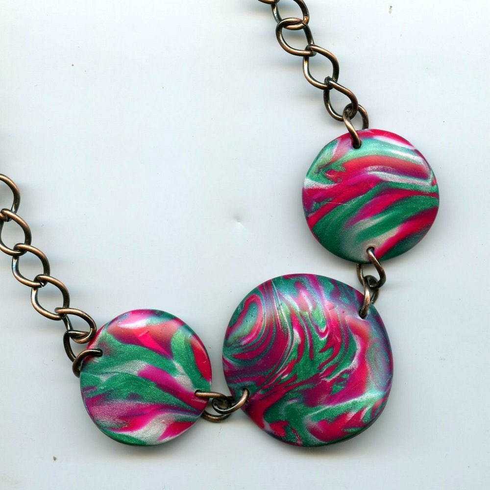 Dome Necklace - Handmade Polymer Clay Beads - Pink/Green/White