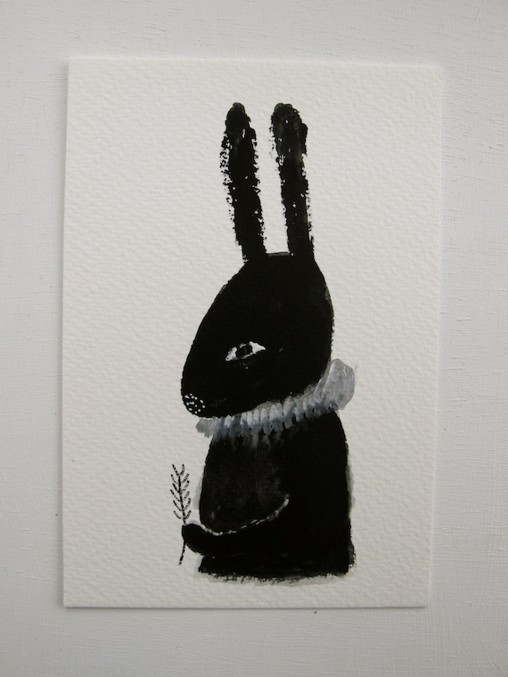 black rabbit - folk art portrait - original gouache sketch