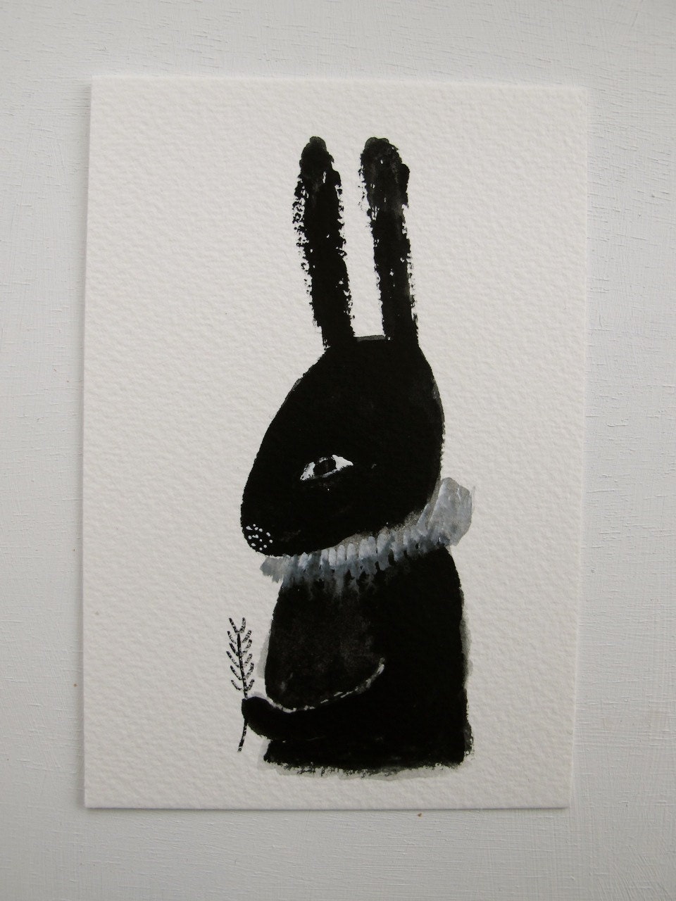 black rabbit - folk art portrait - original gouache sketch