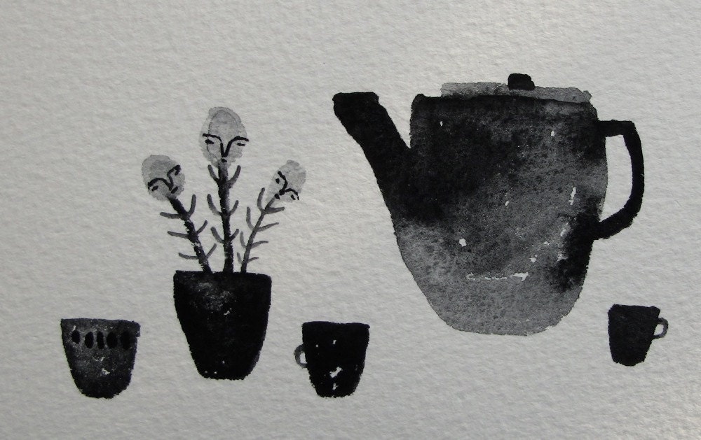 curious tea time - original gouache still life painting