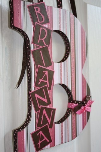 Custom Decorated Wood Letter - Brown and Pink Stripes