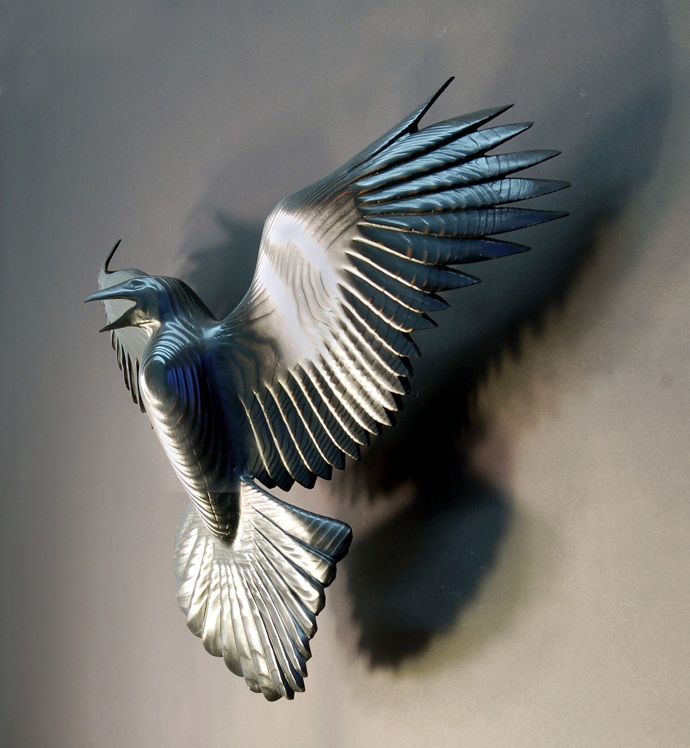 Reverence For Raven  wood sculpture by Jason Tennant,  wildlife art Raven, woodcarving
