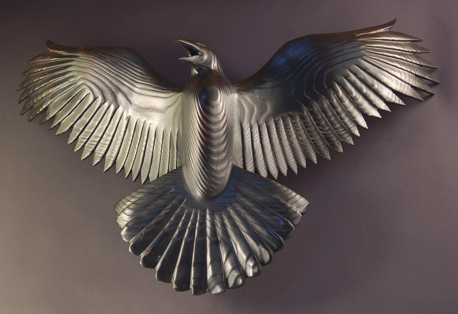 Reverence For Raven  wood sculpture by Jason Tennant,  wildlife art Raven, woodcarving