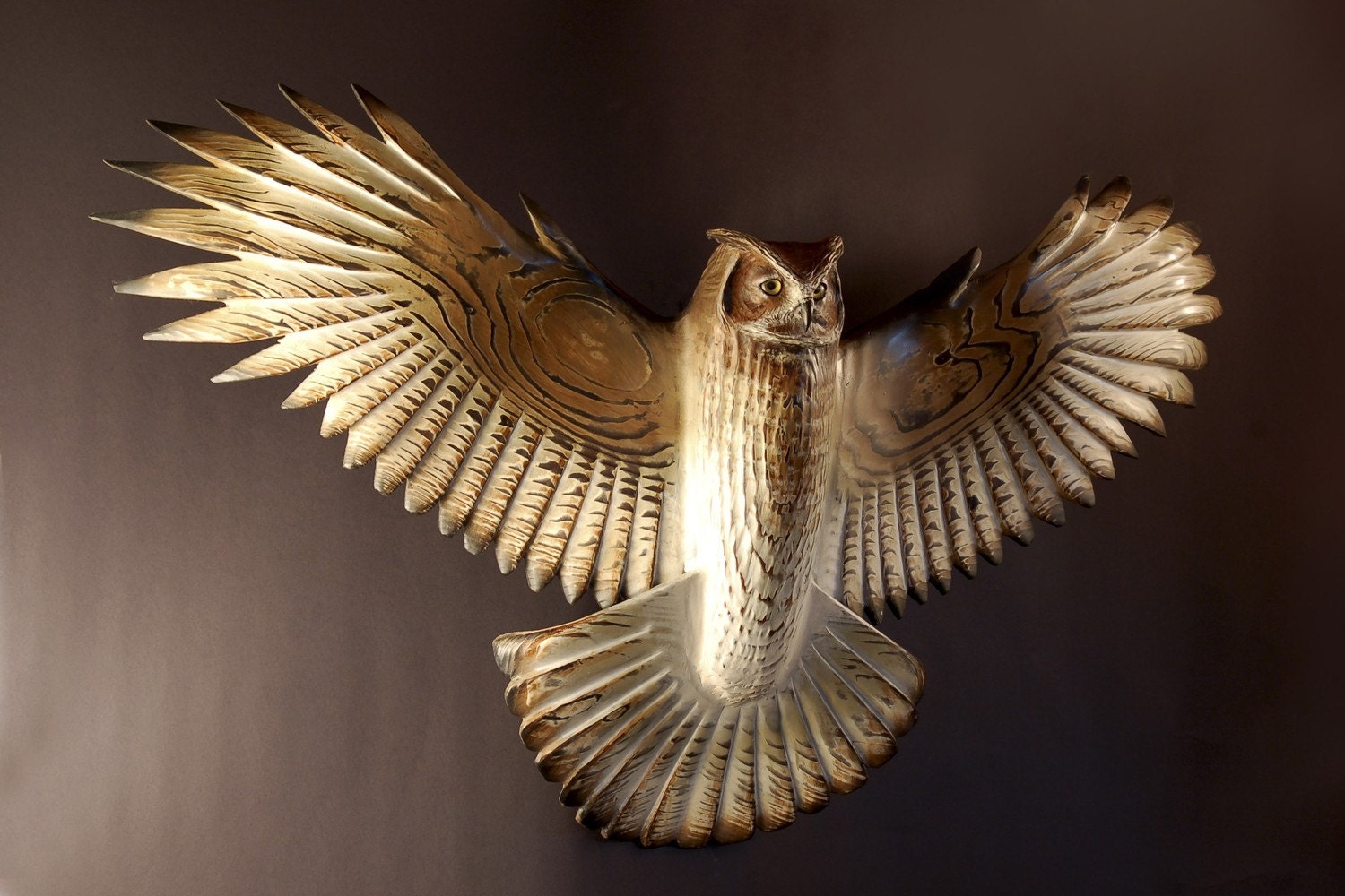 Owl Sculpture hand carved by Jason Tennant, Silent Flight, Owl woodcarving
