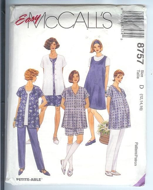 McCalls Maternity  JUMPER Top Shirt and Pull-On PANTS and SHORTS Sewing Pattern 8757 Size D 12-14-16  Uncut  Petite-Able