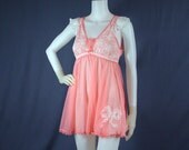 60s Peach Chiffon Babydoll Gown With Bow - Vintage Lingerie