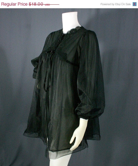 SALE 50s Gossard Midnight Black Chiffon Peignoir, Small - Vintage Lingerie