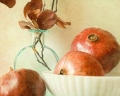 vintage inspired autumn photograph . shabby chic decor .Three pomegranates . white milk glass bowl . cottage chic . 8x10 Photograph