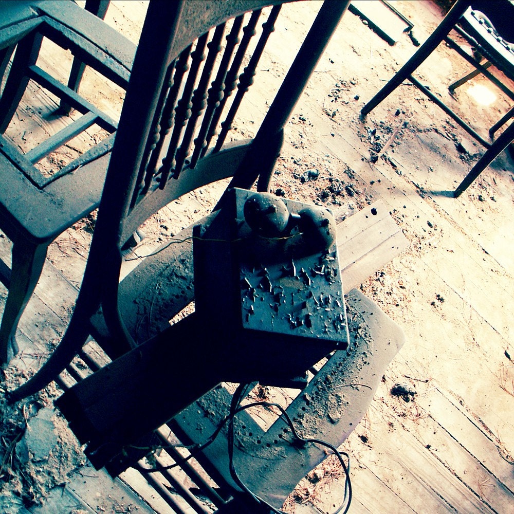 5x5 Old chair with telephone nostalgia teal peeling paint dirt