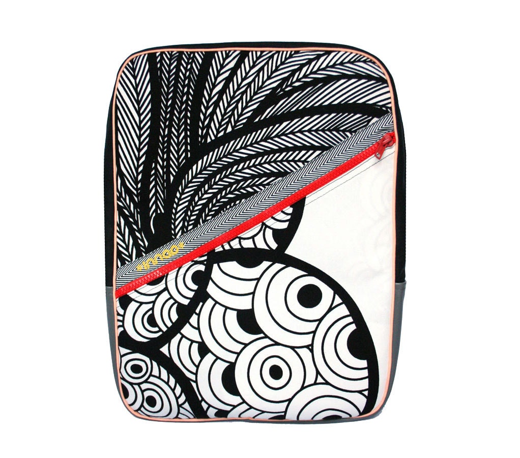 Black White Red Peacock Cotton / Vinyl Backpack