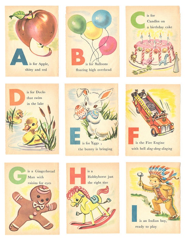 Digital Collage Sheet - Vintage Illustrated ABC Alphabet Flash Cards - ACEO - ATC - Collage - Altered Art