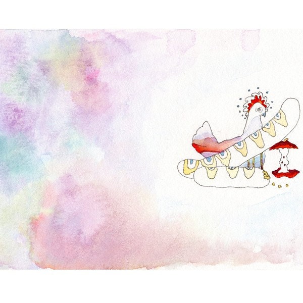 Dreamy Watercolor with French Hen, French Bread, an Apple, Framed Original