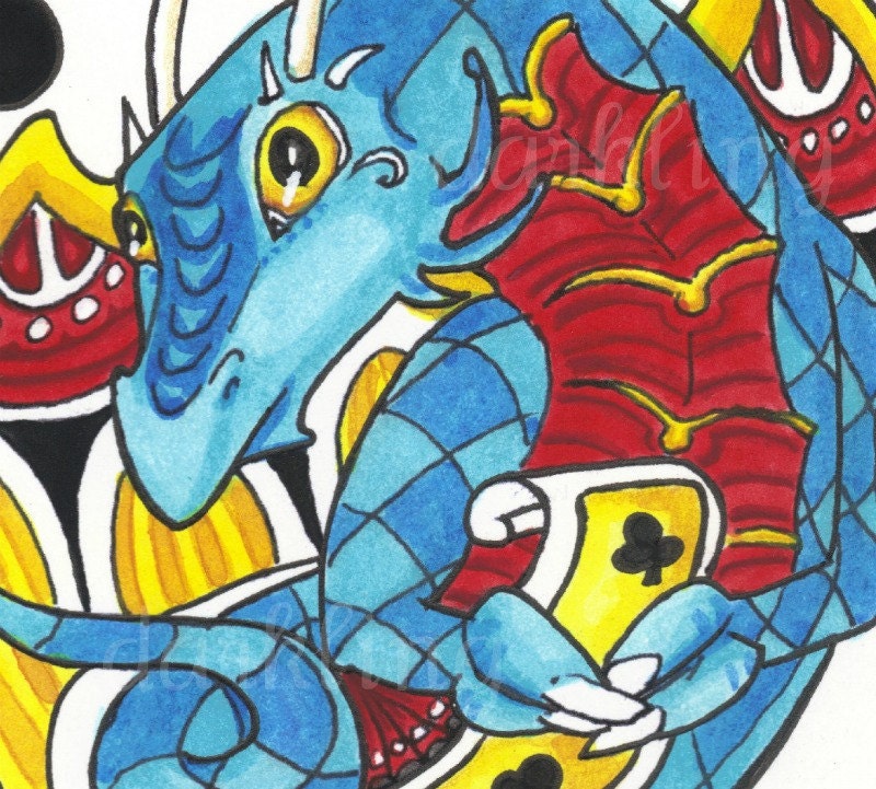 Dragon Suit Clubs playing card Original big eye fantasy art Illustration
