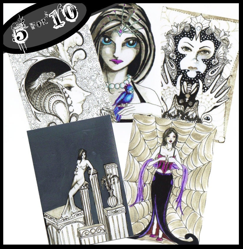 Fantasy Print Set of 5 Art Nouveau Monochrome ladies black and white Art Prints 4 x 6 collection 4