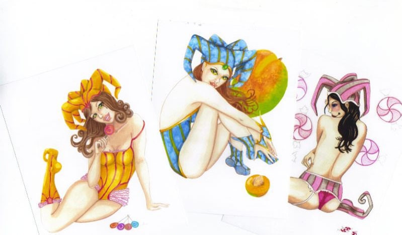 Fantasy Print Set of 5 Jester Harlequin pin up ladies candy fruit Art Prints 4 x 6 collection 5