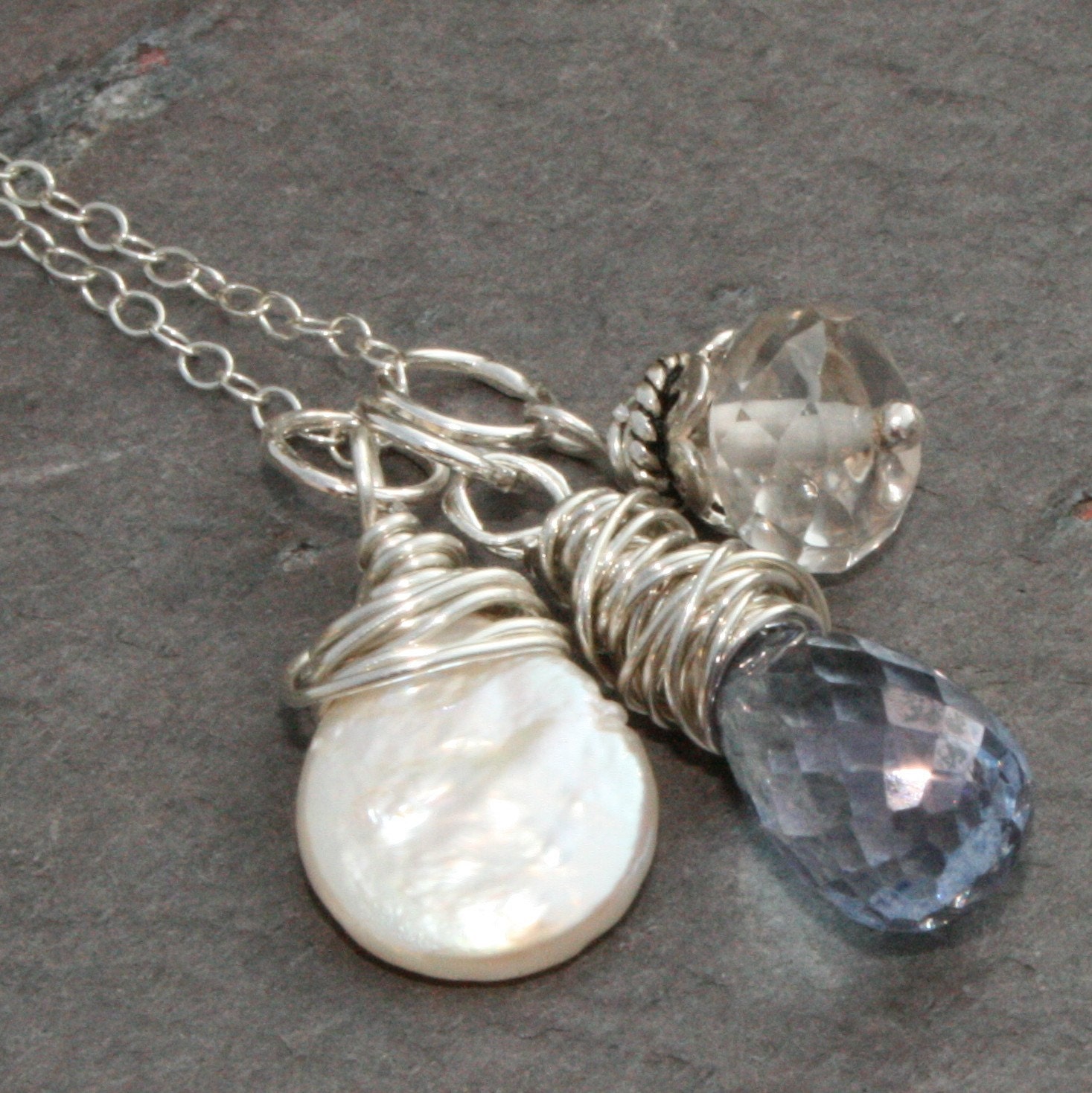 Blue Charm Necklace w Mystic Quartz Pearl in Sterling Silver by Maggie McMane Designs