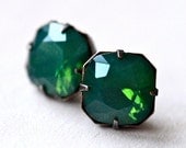 Crystal Stud Earrings - Green Opal - Sterling Silver