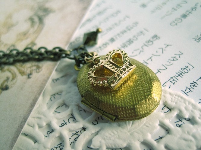 The Reign. Petite Gold Crown, Raw brass Vintage locket and Gold Swarovski Crystal Necklace