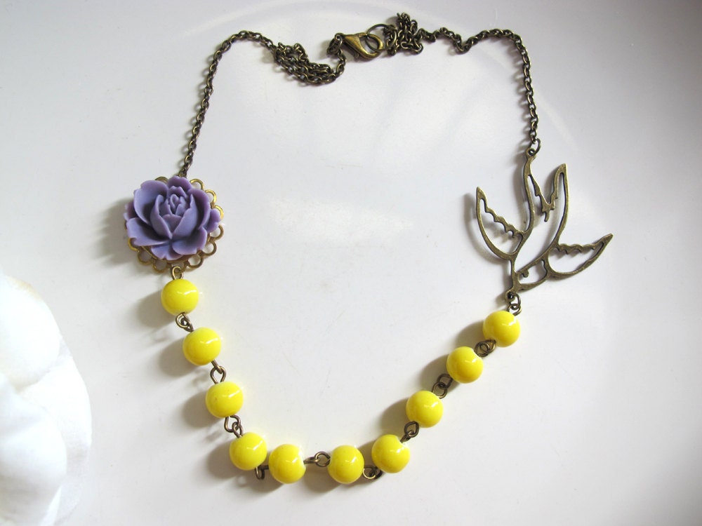 Summer Neon Collections. Purple Rose Bud With Swallow Bird Neon Yellow Glass Beads Nautical Necklace