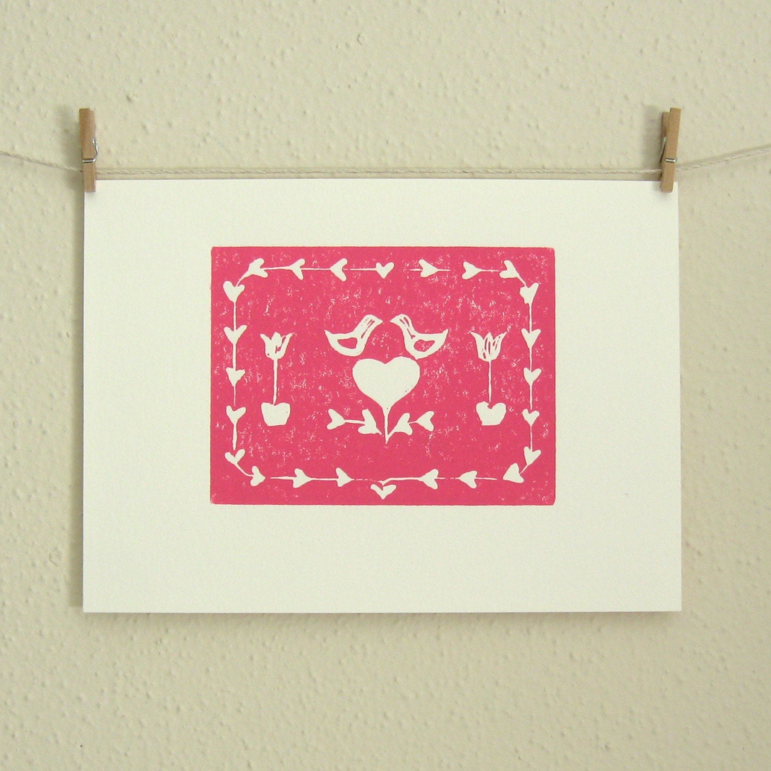 Dutch Folk Art Sweetheart, A Hand Pulled Linocut Print in Raspberry Pink