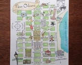 8x10 Print of Hand-painted New Orleans, Louisiana French Quarter map -- watercolor print