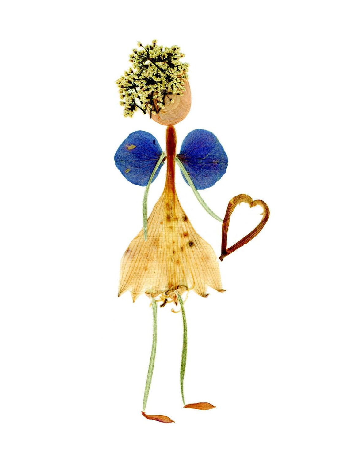 Pressed flower art - girl holding a heart - blank greeting card - print of original artwork - Wedding, marriage, engagement, love