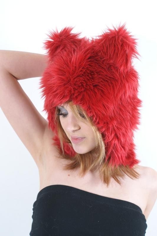 Red Furry Kitty Cat Ears Aviator Fur Hat Perfect for Burning Man Furries Anime Cosplay