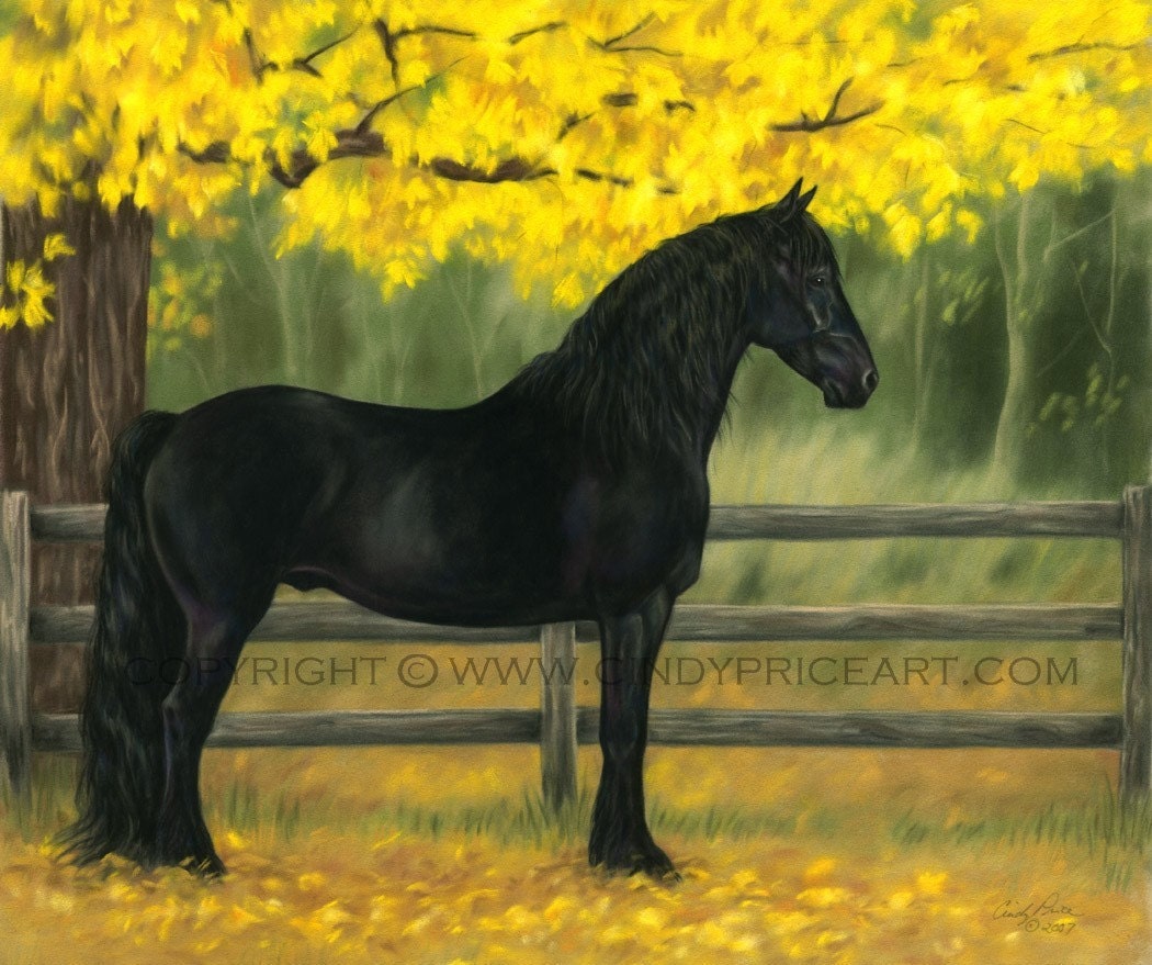 Autumn Friesian Black horse Print of original pastel painting drawing equine art