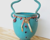 Stoneware Beaded Basket in Turquoise Glaze with Wavy Handle