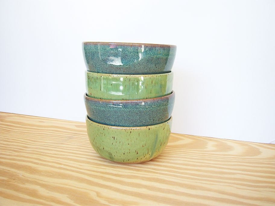 Sea Mist and Spring Green Stoneware Pottery Bowls Set of 4