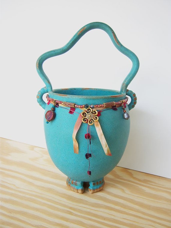 Stoneware Beaded Basket in Turquoise Glaze with Wavy Handle
