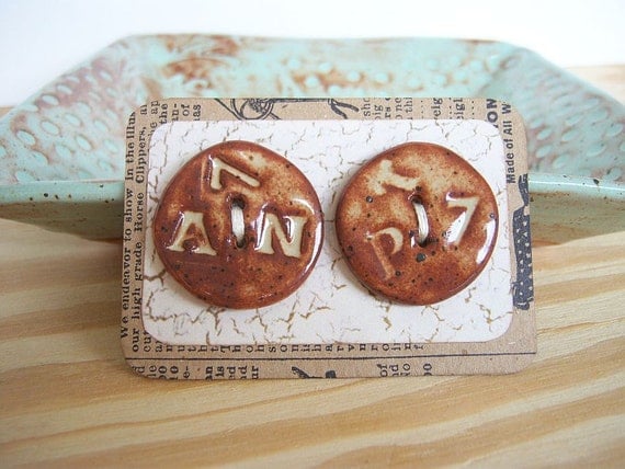 Ceramic Buttons in Shino Glaze Random Text - Set of 2