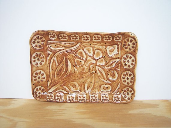 Stamped Ceramic Soap Dish in Speckled Tan Glaze