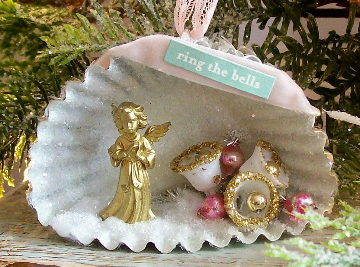Shabby French Shadow Box / German Angel and Sugar Bells Diorama / Altered Art Ornament / Christmas in July