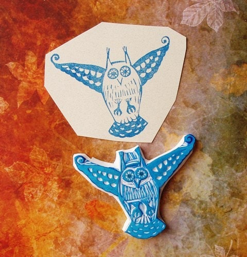 wheelie eyed owl hand carved rubber stamp