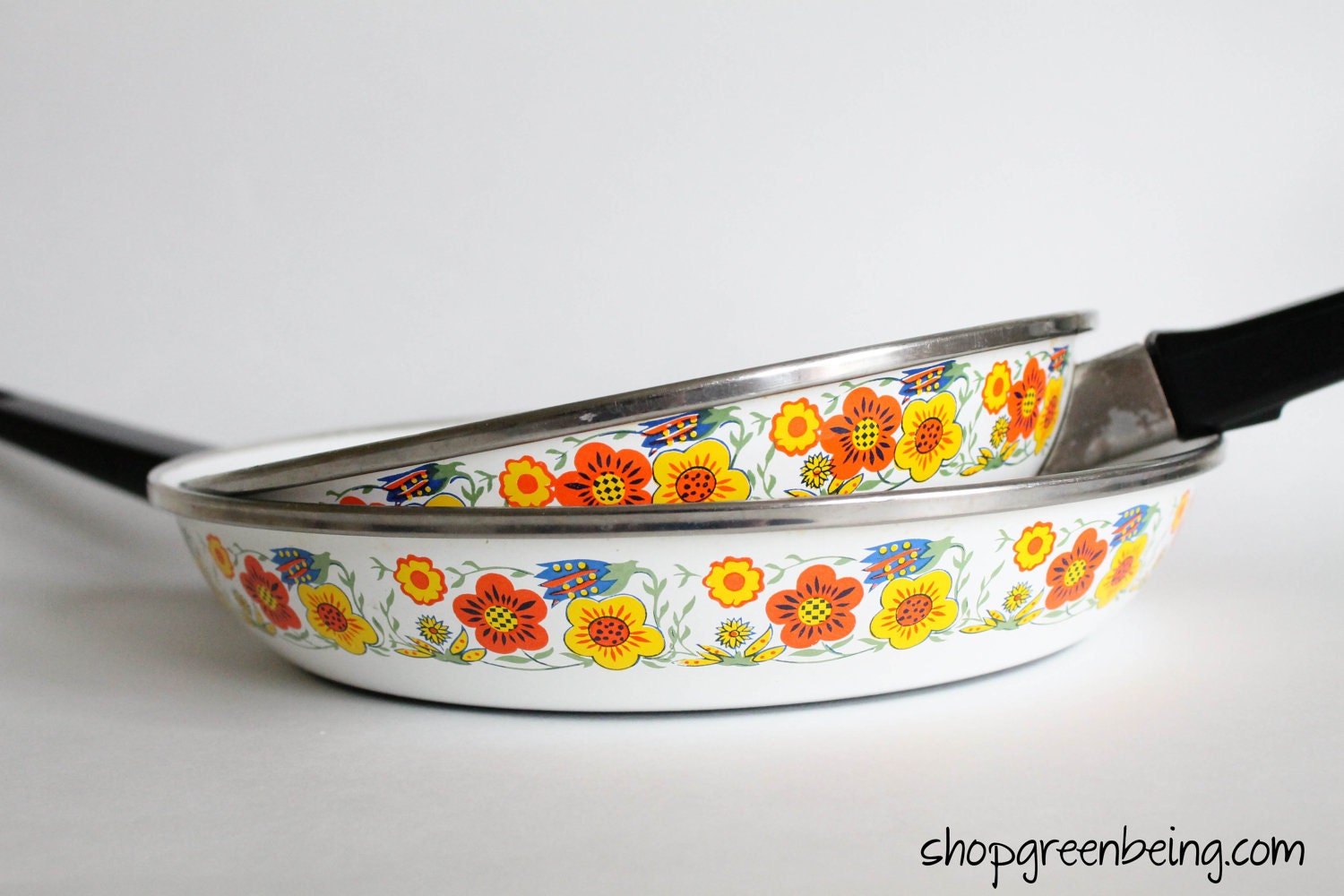7 Piece Vintage Enamel Set.  Flower Pots and Pans.