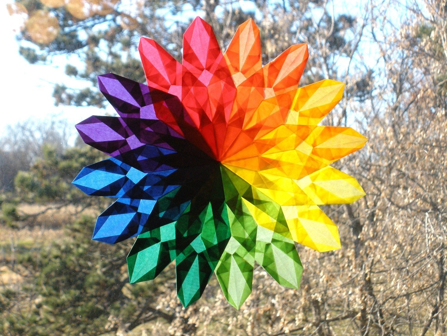 Rainbow Poppy Sunburst Window Star with 16 Points