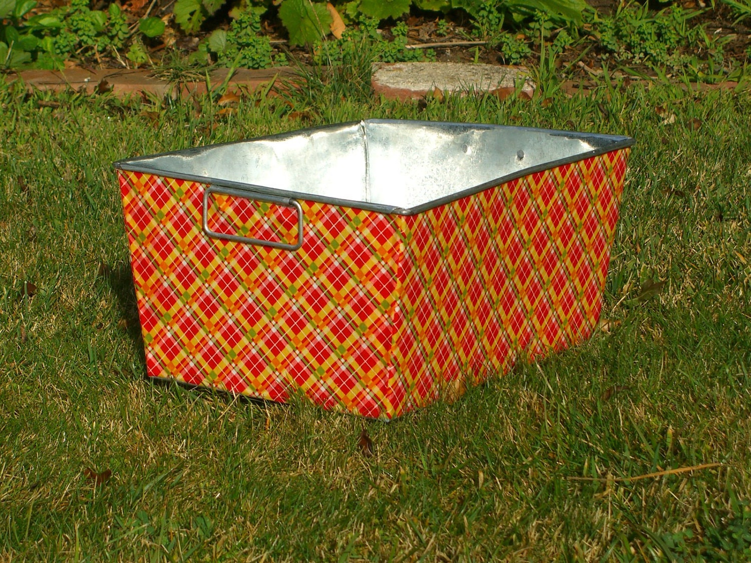 Rectangular Galvanized Storage Bin Red Picnic Plaid
