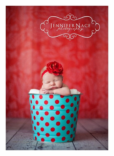 Newborn Baby Photo Prop Galvanized Bucket Aqua and Red Quarter Dot