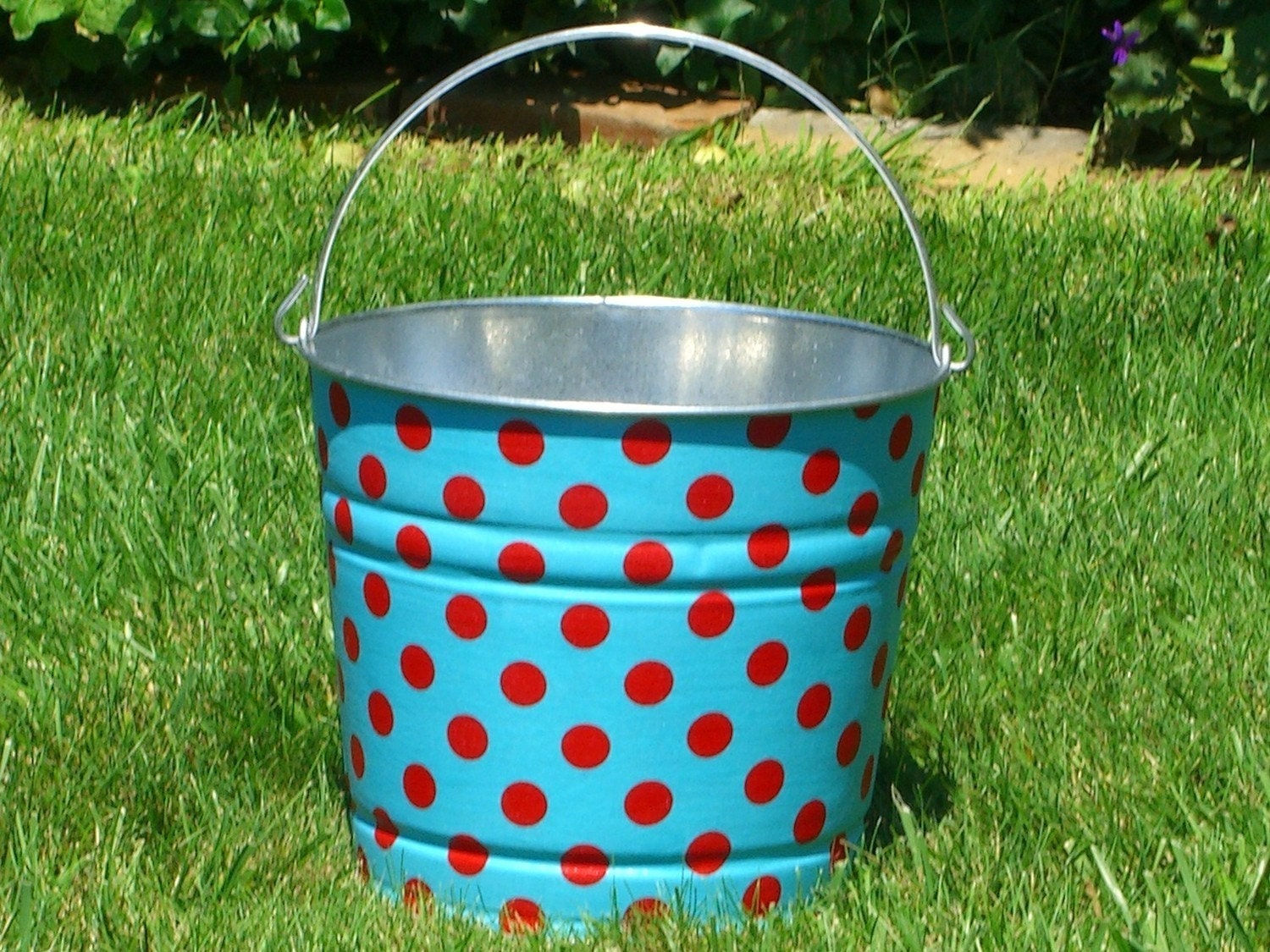 Newborn Baby Photo Prop Galvanized Bucket Aqua and Red Quarter Dot